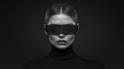 A black and white portrait of a fashion model wearing a blindfold and a black turtleneck sweater. Backlit background. Fashionista. Minimalist composition. Dark and mysterious. Sleek hairstyle.