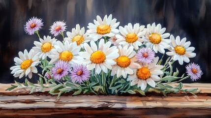 Obraz premium A Vibrant Arrangement of White and Purple Daisies on a Rustic Wooden Surface Capturing the Beauty of Spring Blooms in an Aesthetic Floral Display
