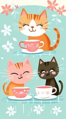 Fototapeta premium Three cheerful cats with cups of tea, set against a pastel background with floral accents.