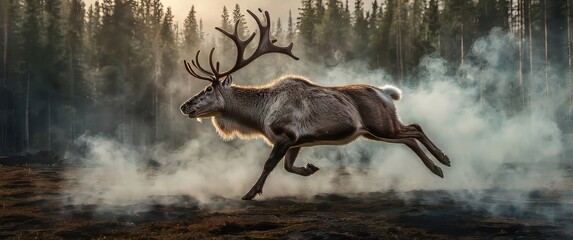 The mist parts to reveal a magnificent sight: a reindeer in mid-air, its legs extended as it defies gravity with a powerful leap