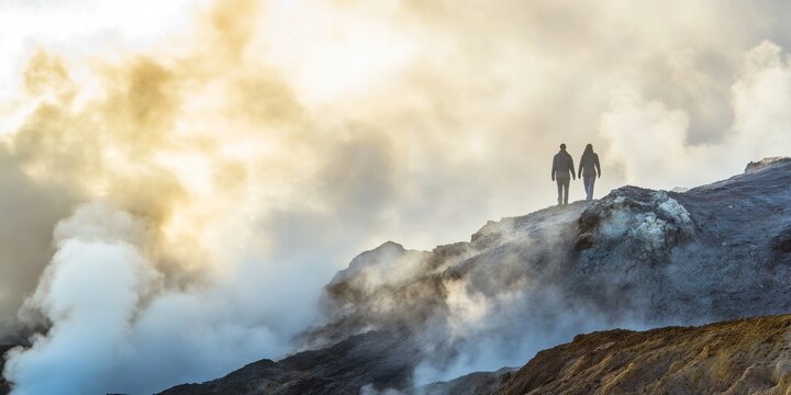 A misty landscape features two hikers standing on a volcanic ridge. The scene captures the beauty of nature and adventure. Perfect for travel and exploration themes. AI - Powered by Adobe