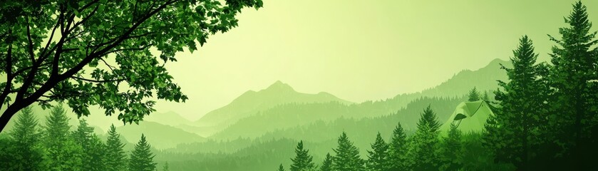 Fototapeta premium Serene green mountains under a soft, hazy sky, surrounded by lush trees and tranquility.