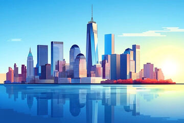 Obraz premium A vibrant, stylized skyline of a city at sunrise, reflecting in calm waters.