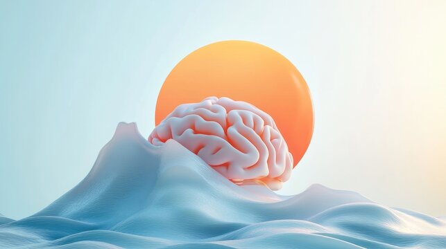 A surreal representation of a brain emerging from waves with a sun in the background.