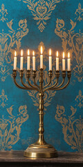Fototapeta premium Graceful brass menorah with lit candles, resting on a dark wooden surface. The backdrop is a striking blue wallpaper with a damask-style pattern in gold, featuring intricate, symmetrical, elegant