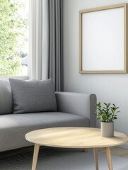 Frame mockup, Scandinavian style living room featuring gray sofa, round wooden table, and potted plant, creating calm and inviting atmosphere