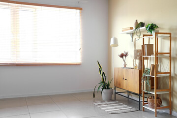 Interior of room with wooden commode, shelf unit and plants