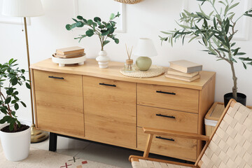 Interior of light room with wooden commode, lamps and plants