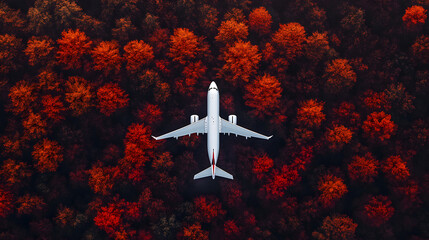 Fototapeta premium Airplane Flying Over Autumn Forest With Colorful Trees