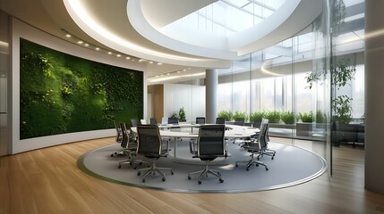 Fototapeta premium A modern conference room featuring a circular design, glass walls, and a living green wall, promoting an eco-friendly and collaborative atmosphere.