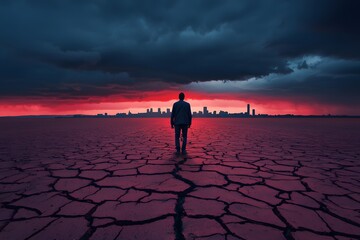 Man Facing Cityscape at Sunset  Drought  Cracked Earth  Gloomy Sky