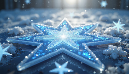 Glittering blue star decoration on snowy background