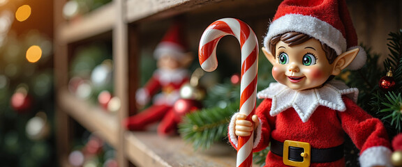 Smiling Christmas elf holding candy cane in festive scene