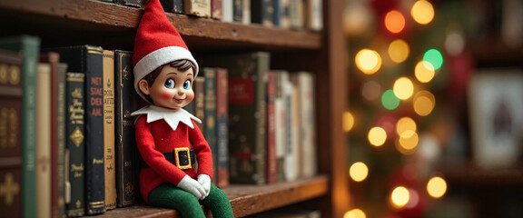 Christmas gnome in a cap sitting among books with Christmas lights