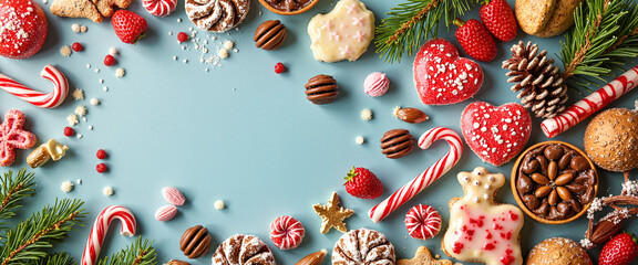 Christmas sweets and treats on turquoise background