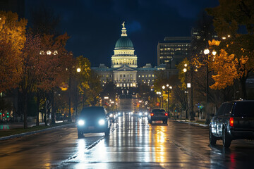 Naklejka premium A night view of a city street leading to a government building, illuminated by streetlights.