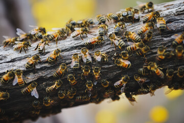 Obraz premium A close-up of a swarm of bees on a wooden log, showcasing their activity and environment.