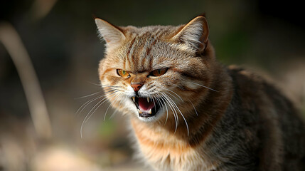 Aggressive Ginger Tabby Cat Showing Teeth Outdoors in Nature