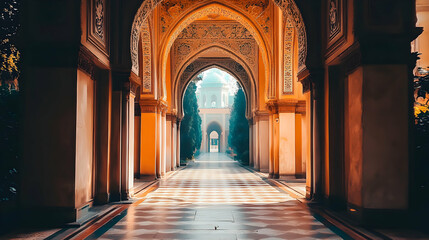 Fototapeta premium Sunlit Archway Leads to Palace Through Ornate Corridor, a Stunning Architectural Masterpiece