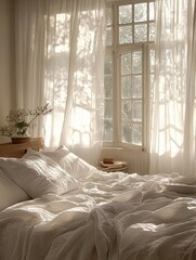 Fototapeta premium Soft Morning Light Filling a Cozy Bedroom with Fresh Linens, White Curtains, and Natural Elements for a Serene and Inviting Atmosphere