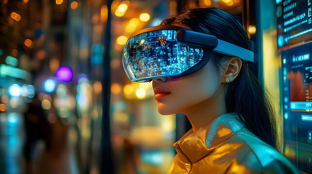 Woman in VR Headset Experiences Immersive Digital Cityscape at Night