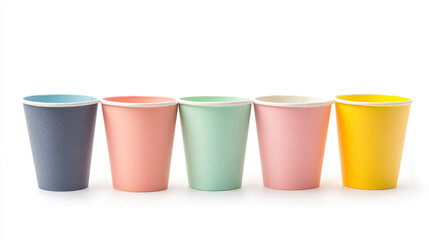 Colorful paper cups lined up on a white background showing various pastel shades in daylight