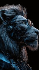 Futuristic Robotic Lion with High-Tech Features and Glasses, Merging Nature with Advanced Technology in a Dark Environment