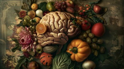 Fototapeta premium A brain intertwined with fruits and vegetables, symbolizing health and nutrition, Health scene
