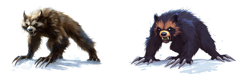 Obraz premium Cartoon wolverine with sharp claws and bushy fur, standing on a snowy patch with a fierce expression with transparent background, PNG file