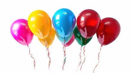 A bunch of colorful balloons floating against a pristine white background, each balloon reflecting light and shadows, Celebration scene