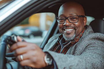 A charismatic auto vendor sitting in the driver's seat, smiling while holding out a car key.