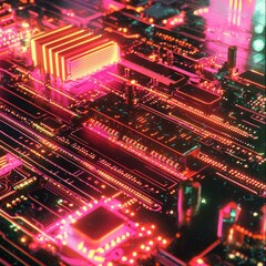 Fototapeta premium Futuristic Neon Circuit Board Design with Vibrant Colors, Featuring Intricate Patterns, Glowing Lines, and High-Tech Components in a Digital Landscape