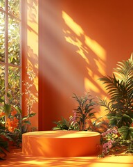 A vibrant orange space filled with lush plants and natural light, creating a serene atmosphere.