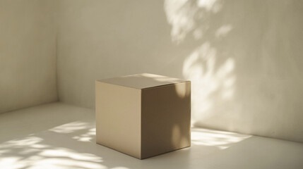 A simple brown box casting soft shadows in a minimalistic and serene room during daylight