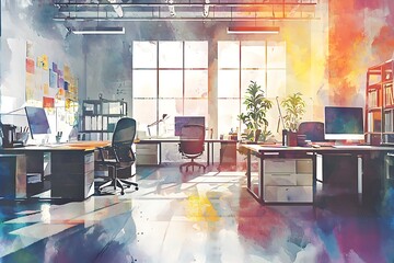 Modern office interior with animated cartoon or anime watercolor painting style, suitable for seamless looping virtual video animation background.