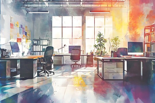 Modern office interior with animated cartoon or anime watercolor painting style, suitable for seamless looping virtual video animation background.