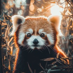 Fototapeta premium Enchanting Red Panda Surrounded by Lush Greenery in a Warm Sunset, Showcasing its Vibrant Fur and Expressive Eyes, Perfect for Wildlife and Nature Enthusiasts