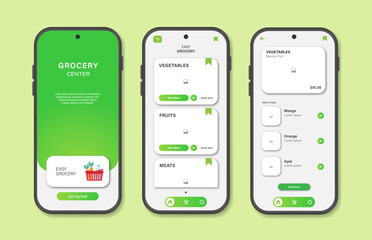 Application to buy groceries. Collection of online grocery store interface templates. Responsive GUI for mobile applications. Vector illustration