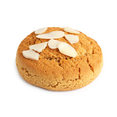 One tasty cookie with almond flakes isolated on white
