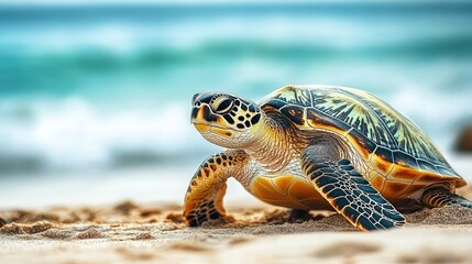 Fototapeta premium Serene Sea Turtle Crawling on the Sandy Beach with Gentle Waves in the Background Creating a Tranquil Coastal Atmosphere for Nature Lovers