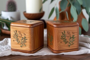 Two wooden boxes with green leaves on them