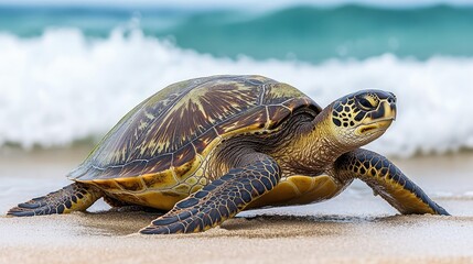Obraz premium Majestic Loggerhead Turtle Crawling on Sandy Beach with Ocean Waves in Background, Showcasing Unique Shell Patterns and Texture Under Bright Coastal Sunlight