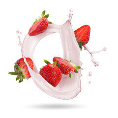 Strawberries and splashing milk or yogurt in air on white background