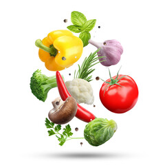 Fresh vegetables, herbs and spices in air on white background