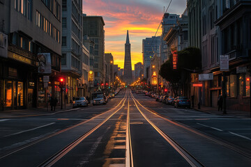 Fototapeta premium Urban street at sunset with tram tracks leading to a prominent building.