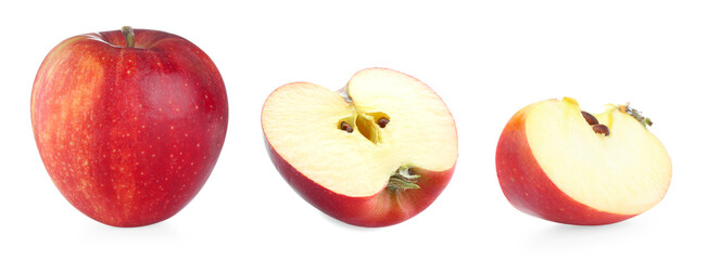 Whole and sliced red apple isolated on white