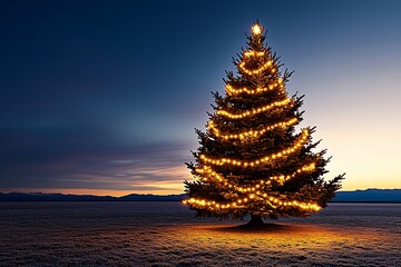 A wintery Christmas tree with golden lights, standing in a field under a muted lavender sky that fades into deep navy, creating a serene ambiance
