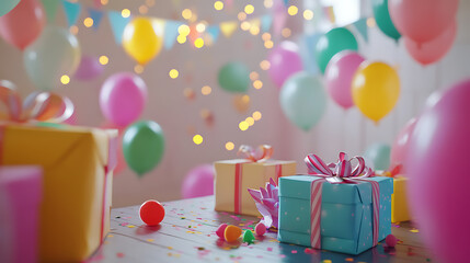 A wide shot of a party room with wrapped gifts on a table, bright banners, and a playful background of balloons and sparkles 