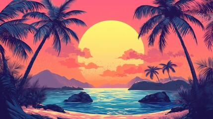 Tropical sunset over a calm ocean with palm trees.
