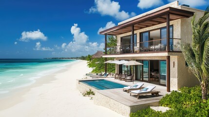 Fototapeta premium Luxurious beach villa with stunning ocean views, private pool, and serene ambiance nestled along the pristine sandy shore against a vibrant blue sky.